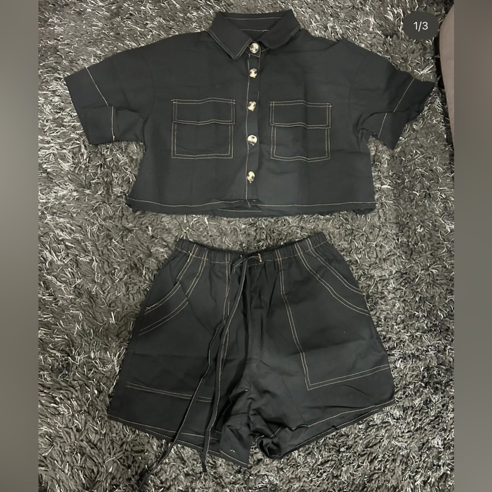 Black Two-Piece Shorts Set with Contrast Stitching